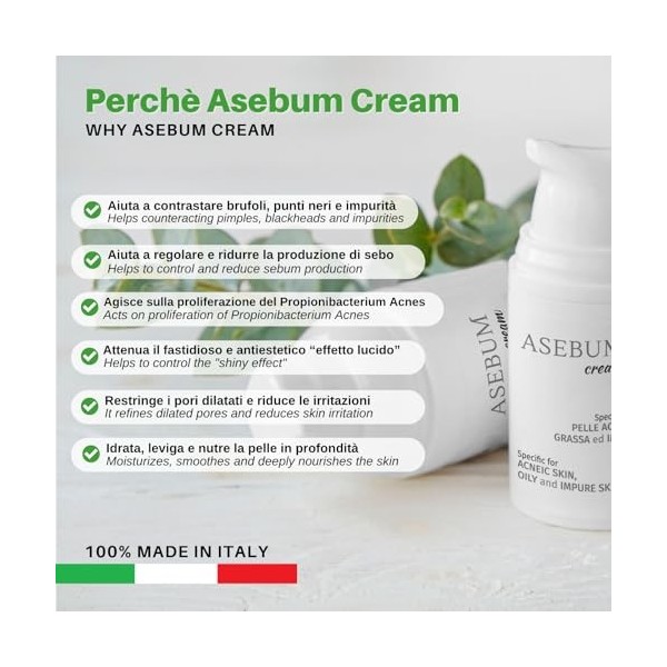 Asebum Cream | Crème anti-acné | Lutte contre l’acné, les boutons et les points noirs | Crème visage pour les peaux grasses e