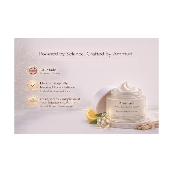 AMMURI Crème éclaircissante intense avec technologie brevetée exosome, acide kojique, alpha arbutine, glutathion, correcteur
