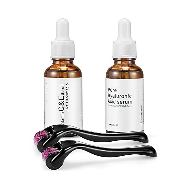 Derma Roller Kit de micro-aiguilles 4 en 1 pour 2 paquets 0,5 mm/1,5 mm + sérum à lacide hyaluronique + sérum visage à la
