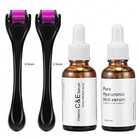 Derma Roller Kit de micro-aiguilles 4 en 1 pour 2 paquets 0,5 mm/1,5 mm + sérum à lacide hyaluronique + sérum visage à la 