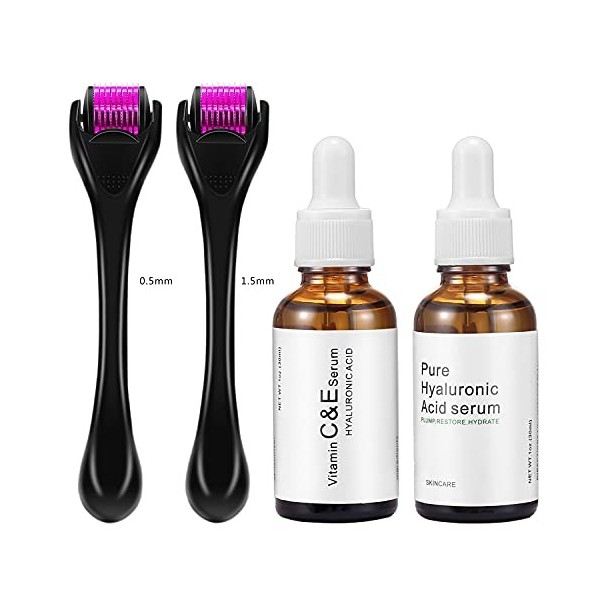 Derma Roller Kit de micro-aiguilles 4 en 1 pour 2 paquets 0,5 mm/1,5 mm + sérum à lacide hyaluronique + sérum visage à la