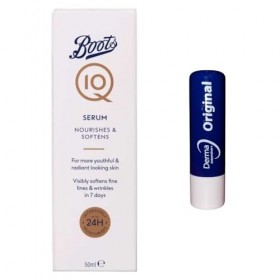 Boots Q10 Sérum nourrit et adoucit pour une peau éclatante 50 ml format voyage avec baume à lèvres original gratuit