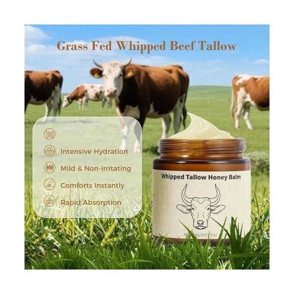 Suif de bœuf pour la peau, baume corporel au suif et au miel, crème hydratante naturelle pour le visage et le corps, soulagem...