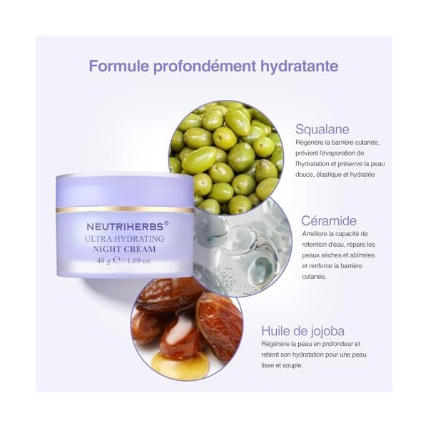Neutriherbs Crème Nuit Intense Hydratante-48G | Crème Nuit Régénérante pour Peaux Sèches et Sensibles | Apaisant+Réparation I...