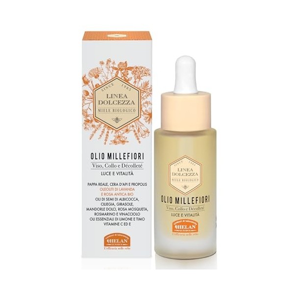 Helan Linea Dolcezza – Huile Visage Millefiori, Cou et Décolleté, Hydratante et Anti-Âge, à la Cire d’Abeille et à la Propoli