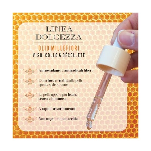Helan Linea Dolcezza – Huile Visage Millefiori, Cou et Décolleté, Hydratante et Anti-Âge, à la Cire d’Abeille et à la Propoli