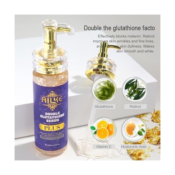 AILKE Double Glutathion PLUS Super Sérum blanchissant, hydratant, correcteur de taches sombres, éclaircissant, éclaircissant