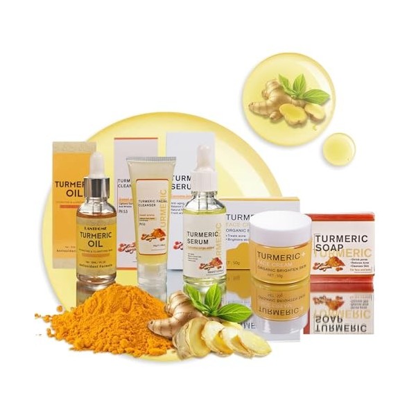 MKNZOME Soins pour le Visage à la Curcuma, 5 Produits Skincare Coffret Beauté Femme avec Nettoyant, Huile de Curcuma, Serum H...
