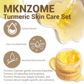 MKNZOME Soins pour le Visage à la Curcuma, 5 Produits Skincare Coffret Beauté Femme avec Nettoyant, Huile de Curcuma, Serum H...