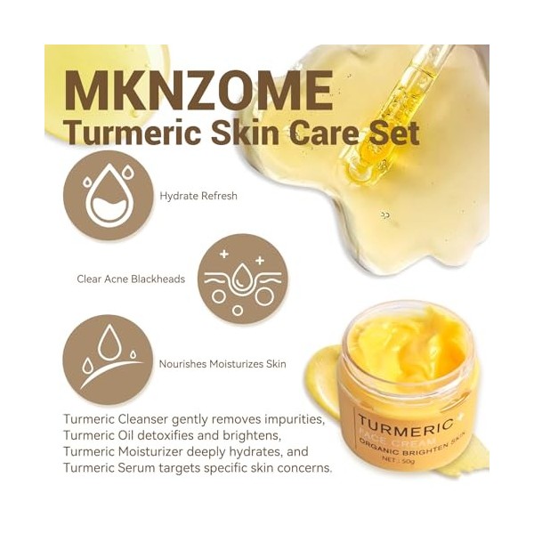 MKNZOME Soins pour le Visage à la Curcuma, 5 Produits Skincare Coffret Beauté Femme avec Nettoyant, Huile de Curcuma, Serum H...