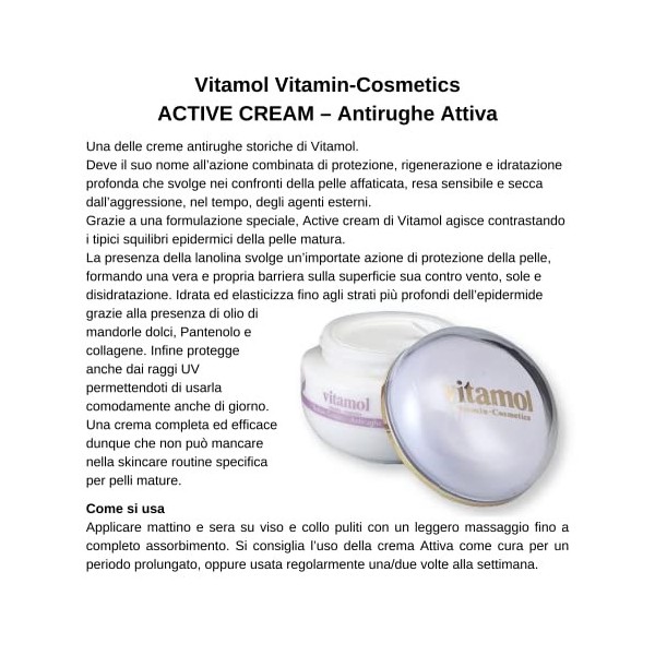 Vitamol Cosmetics Active Cream Crème Visage Anti-Rides 50 ml. pour peau normale ou sèche