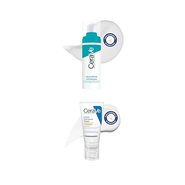 Lot de CeraVe - Sérum Retinol Anti-Marques 30 ml + Crème Hydratante Visage SPF 30 ml - Réduit lApparence des Marques Post-Ac