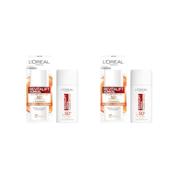 LOréal Paris - Fluide Anti-UV FPS 50+ Vitamine C + Vitamine E + Acide Hyaluronique - Taches, Rides & Teint Irrégulier - Fini