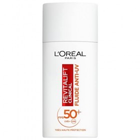 LOréal Paris - Fluide Anti-UV FPS 50+ Vitamine C + Vitamine E + Acide Hyaluronique - Taches, Rides & Teint Irrégulier - Fini