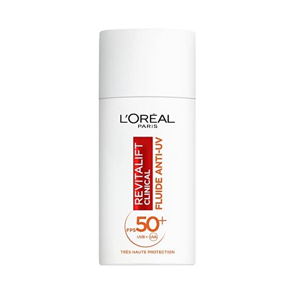 LOréal Paris - Fluide Anti-UV FPS 50+ Vitamine C + Vitamine E + Acide Hyaluronique - Taches, Rides & Teint Irrégulier - Fini