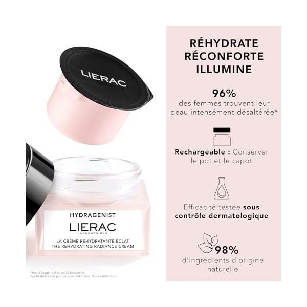 Lierac - Hydragenist - Recharge de la Crème Réhydratante Éclat 50ml - Soin Visage - Réhydrate - Réconforte - Illumine - 98% d...