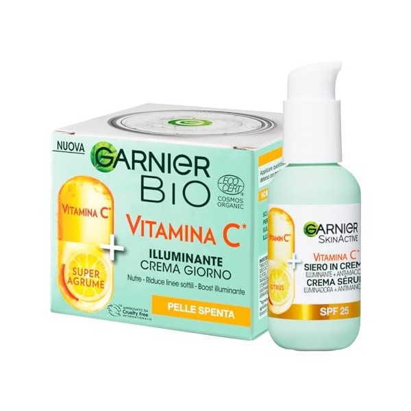 Garnier Lot de 2 crèmes de jour bio à la vitamine C pour éclaircir la peau et réduire les ridules 50 ml + sérum visage SkinAc...