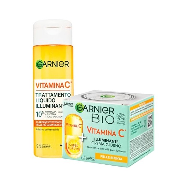 Garnier Lot de 2 crèmes de jour bio à la vitamine C pour éclaircir la peau et réduire les ridules 50 ml + sérum visage SkinAc...