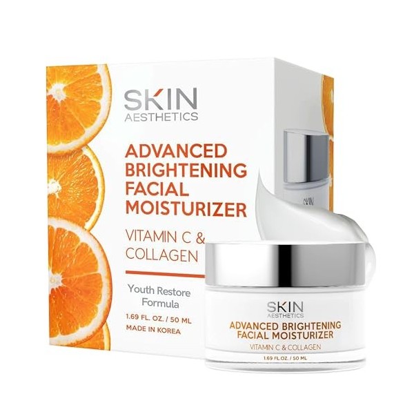 Skin Aesthetics Hydratant quotidien pour le visage à la vitamine C et au collagène – Réduit les ridules et les rides, anti-âg