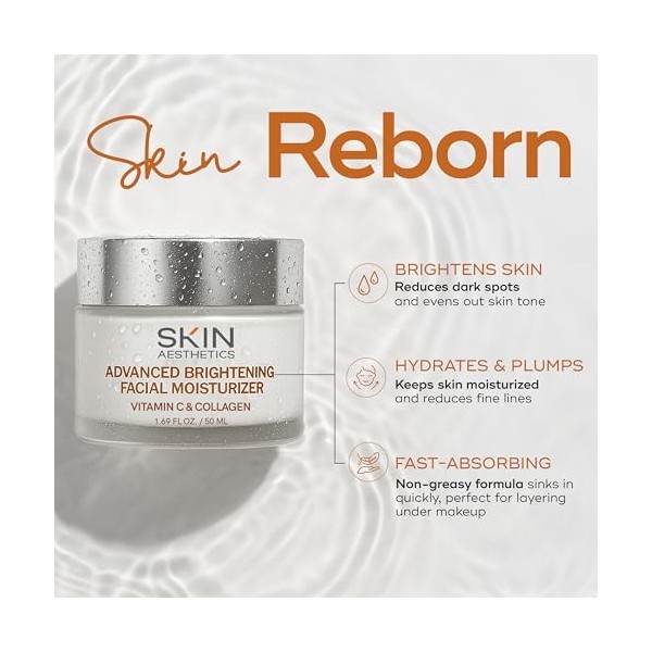 Skin Aesthetics Hydratant quotidien pour le visage à la vitamine C et au collagène – Réduit les ridules et les rides, anti-âg