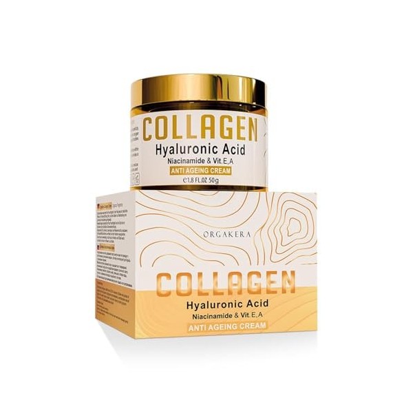 Orgakera® Crème anti-âge au collagène [50 g] – Crème de luxe pour le visage avec collagène, acide hyaluronique et huiles natu