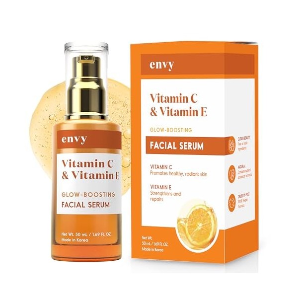 Envy Sérum de vitamine C avec vitamine E et glycérine : peau, réduction des taches sombres et anti-âge, sérum hydratant pour 