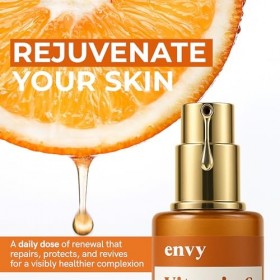 Envy Sérum de vitamine C avec vitamine E et glycérine : peau, réduction des taches sombres et anti-âge, sérum hydratant pour 