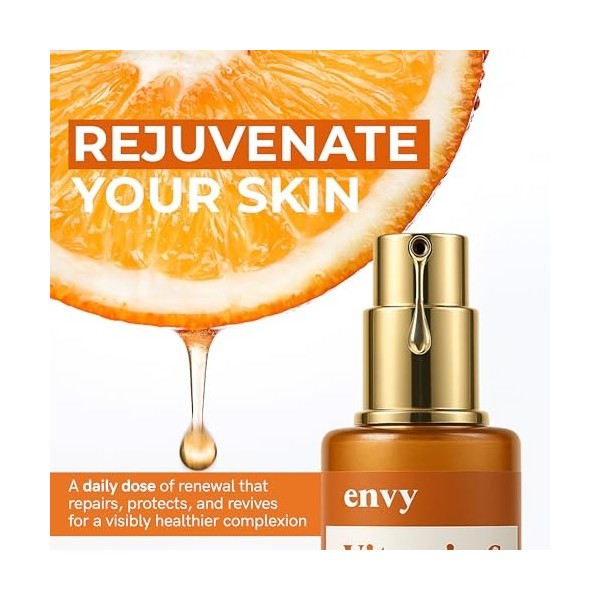 Envy Sérum de vitamine C avec vitamine E et glycérine : peau, réduction des taches sombres et anti-âge, sérum hydratant pour 