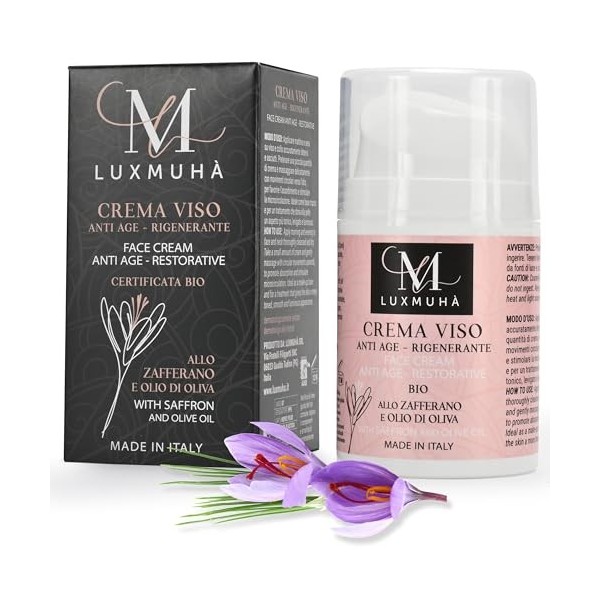 Luxmuhà Crème Visage Anti-Age Régénérant - Avec Safran et Huile dOlive - Biologique, Traitement Hydratant, Nourrissant et Na