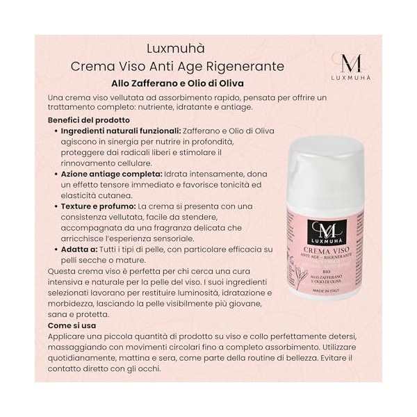 Luxmuhà Crème Visage Anti-Age Régénérant - Avec Safran et Huile dOlive - Biologique, Traitement Hydratant, Nourrissant et Na