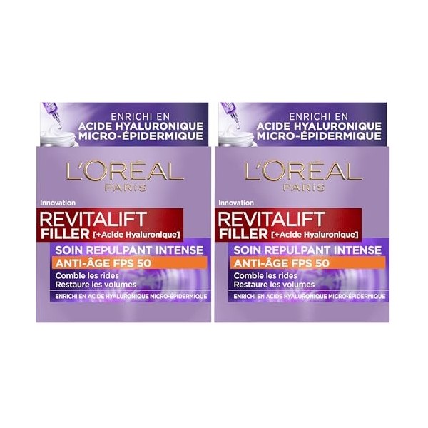 L’Oréal Paris - Soin Repulpant Intense Anti-âge FPS 50 - Crème de Jour à l’Acide Hyaluronique avec Protection UV - Rides & Ri