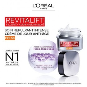 L’Oréal Paris - Soin Repulpant Intense Anti-âge FPS 50 - Crème de Jour à l’Acide Hyaluronique avec Protection UV - Rides & Ri