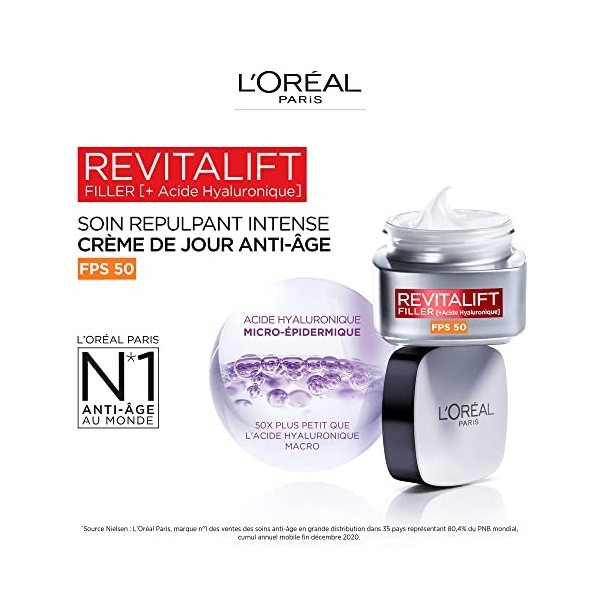 L’Oréal Paris - Soin Repulpant Intense Anti-âge FPS 50 - Crème de Jour à l’Acide Hyaluronique avec Protection UV - Rides & Ri