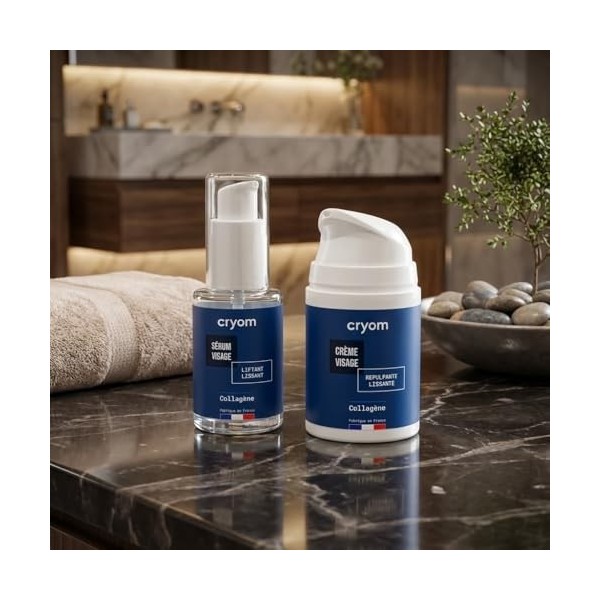 CRYOM - Routine visage BOOSTER de Collagène : sérum flacon pompe 30 ml + crème visage flacon Airless 50 ml 