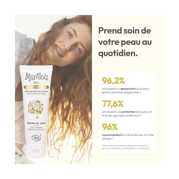 MARILOU Bio Crème de Jour Hydratante à l’Huile d’Argan - Soin Protecteur - Peau Souple, Nourrie et Lumineuse - Fraîcheur et B