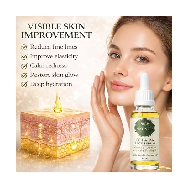 Sérum Visage Nourrissant Bio Copaiba Huile Essentielle 30 ml/Copaiba + Lavande + Sauge Sclarée + Huile dArgan/Anti-Âge, Hydr