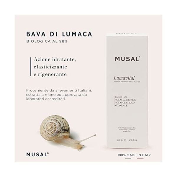 Musal 100 ml Crème Visage à la Bave dEscargot Bio à 98%, Acide Hyaluronique et Vitamine E, Crème Visage Hydratante Anti-tach