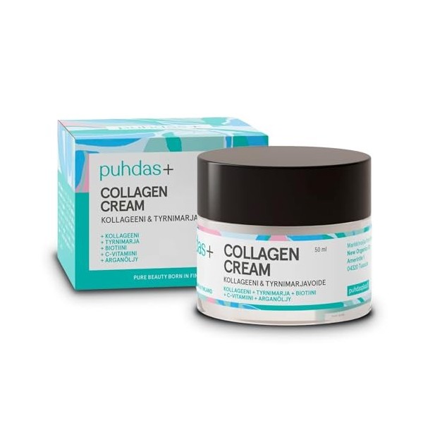 puhdas+ Crème au collagène pour le visage - 50 ml - Haute dose - Avec collagène hydrolysé et vitamine C - Avec argousier, bio