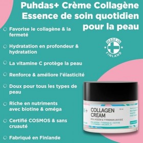 puhdas+ Crème au collagène pour le visage - 50 ml - Haute dose - Avec collagène hydrolysé et vitamine C - Avec argousier, bio