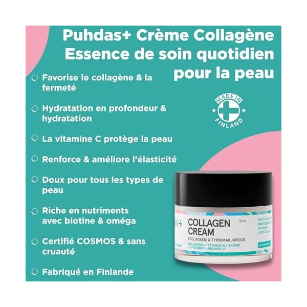 puhdas+ Crème au collagène pour le visage - 50 ml - Haute dose - Avec collagène hydrolysé et vitamine C - Avec argousier, bio