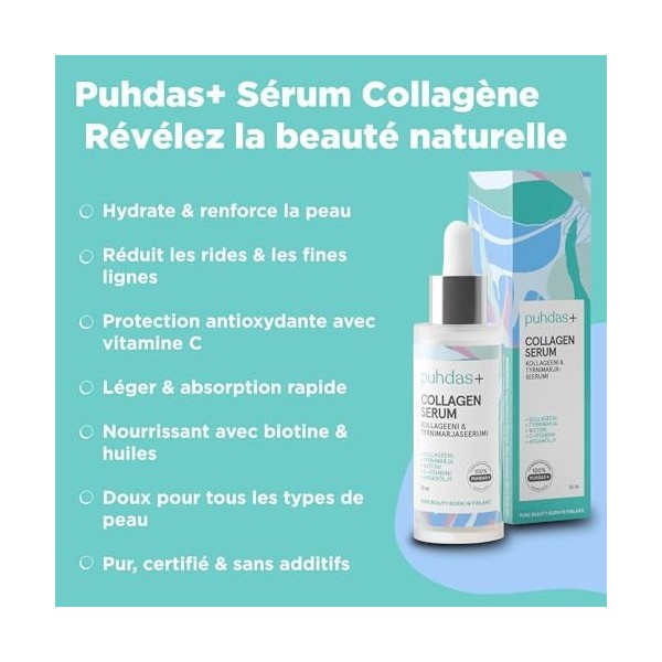 puhdas+ COLLAGEN Sérum de soin du visage [30 ml] Sérum de collagène hautement dosé pour le visage avec vitamine C, argousier,