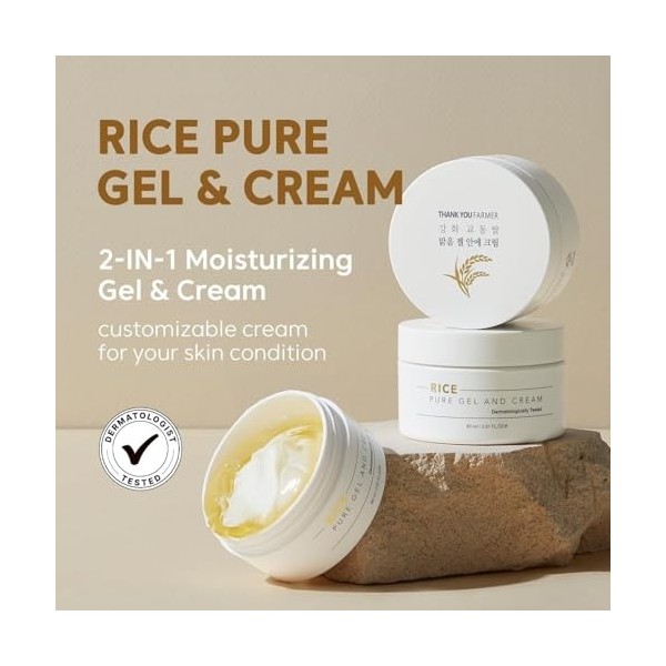 THANKYOU FARMER Rice Pure Gel and Cream 80ml- Crème nourrissante et éclaircissante, extraits de riz coréen exclusifs, crème d