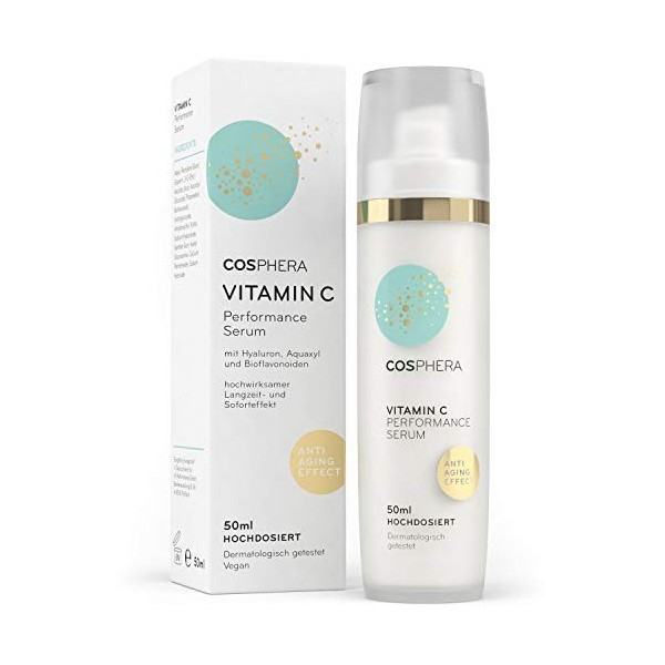 Cosphera Vitamine C Performance Sérum hautement dosé 50 ml – Vitamine C concentré avec acide hyaluronique pour le visage, le 