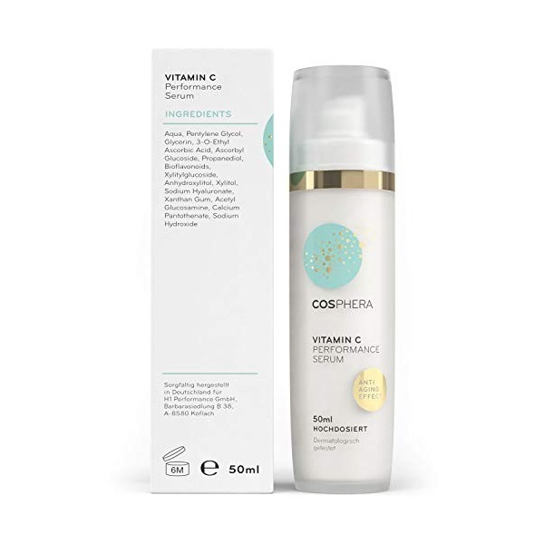 Cosphera Vitamine C Performance Sérum hautement dosé 50 ml – Vitamine C concentré avec acide hyaluronique pour le visage, le 