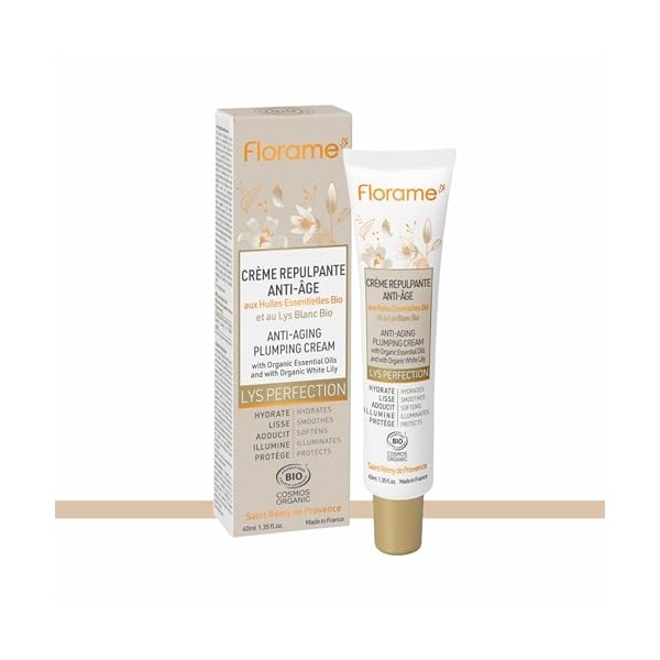 Florame Crème Repulpante Anti-Âge Lys Perfection 40 ml – Acide Hyaluronique & Spiruline – Premières Rides – Peaux Normales à 