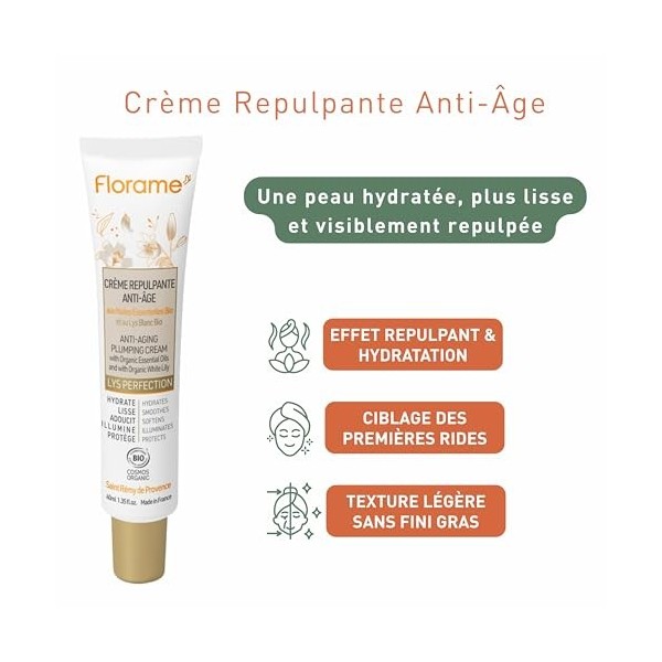Florame Crème Repulpante Anti-Âge Lys Perfection 40 ml – Acide Hyaluronique & Spiruline – Premières Rides – Peaux Normales à 