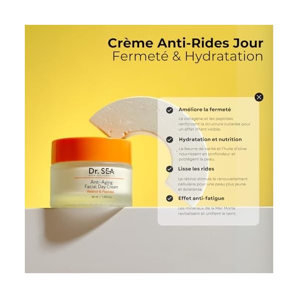DR. SEA - Crème Visage Anti-Âge Jour - Retinol & Peptides - Hydratation & Fermeté - Minéraux de la Mer Morte - 50ml