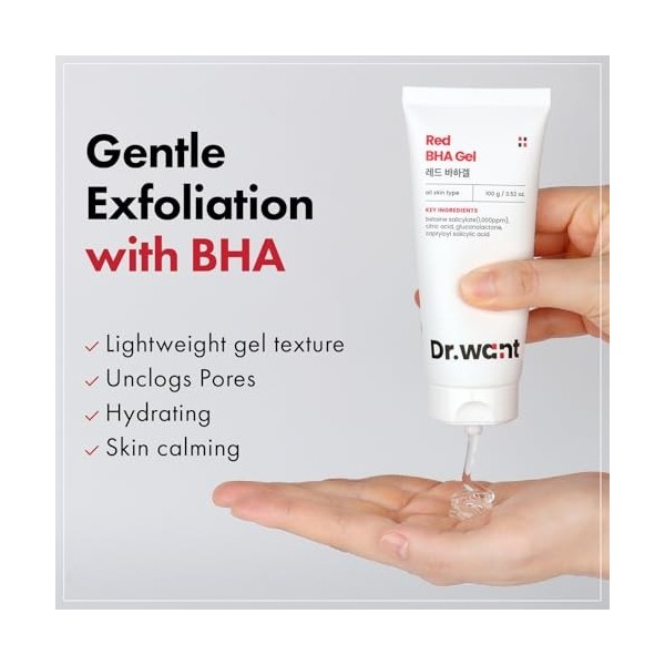 DR.WANT Gel BHA rouge, Gel pour la peau, Hydratation, Soin des pores, Arbre à thé, Cica pour les peaux à imperfections, Soin 