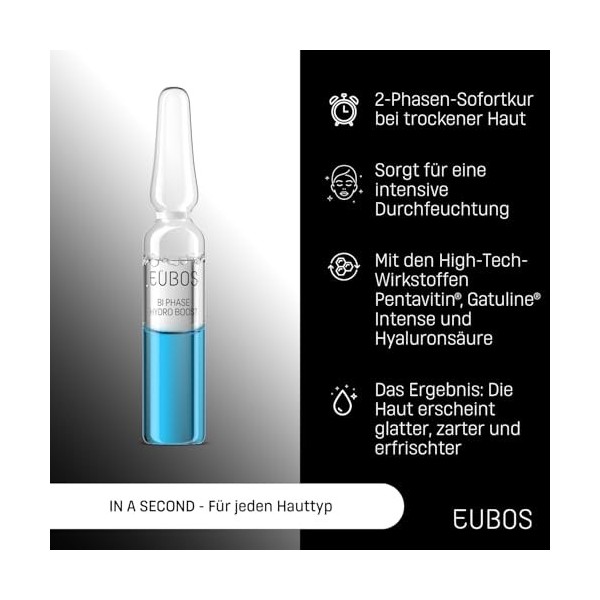 EUBOS En une seconde | Bi Phase Hydro Boost Cure hydratante | Pour tous les types de peau | En cas de stress et de sécheresse