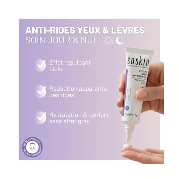 Soskin - Filler Rides Profondes - Soin Combleur Ciblé Anti-Rides Yeux & Lèvres - Efficace en 30 Minutes - Tous Types De Peaux...